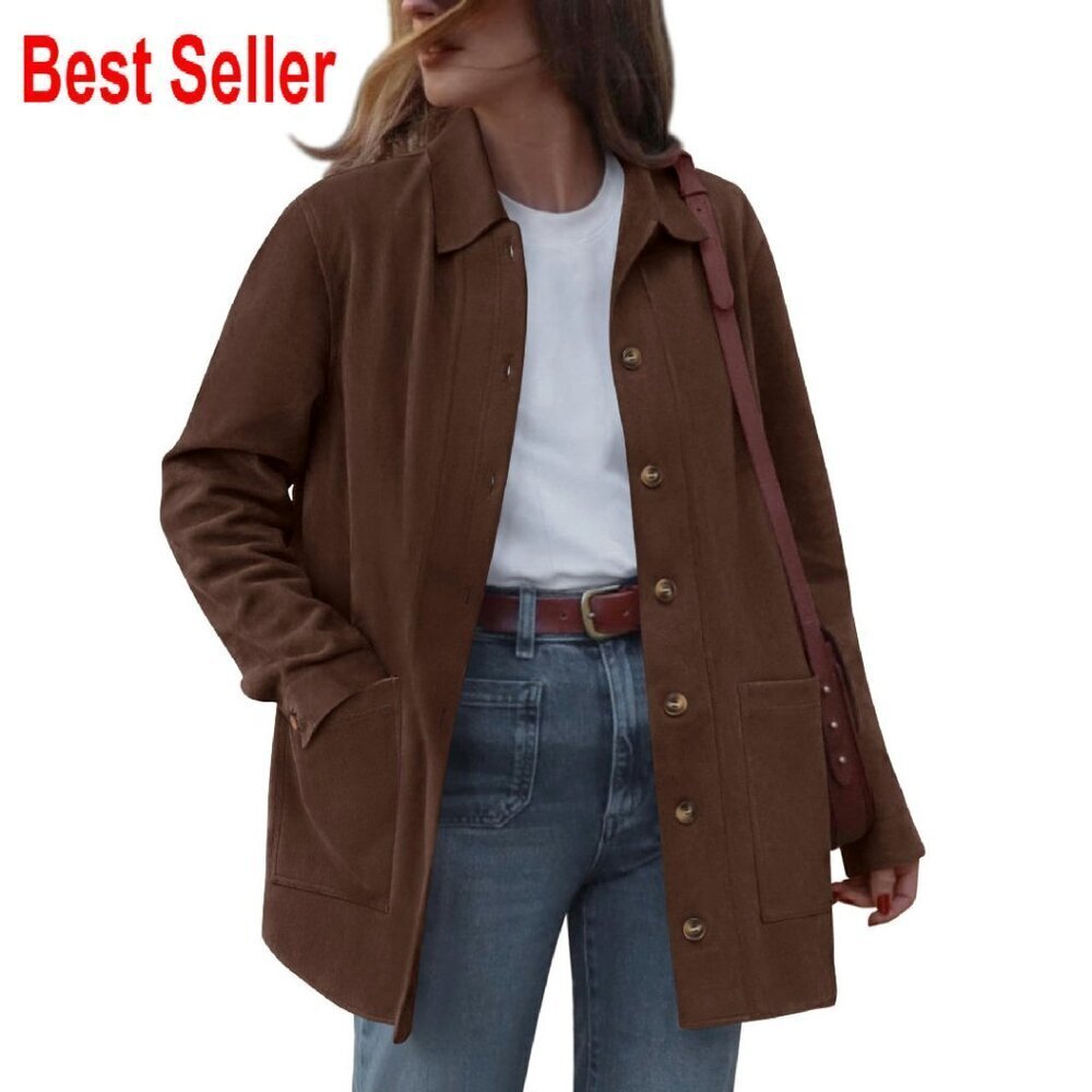 Faux Suede Shacket Elegant Classic Lapel Collar Button Down Winter Outerwear